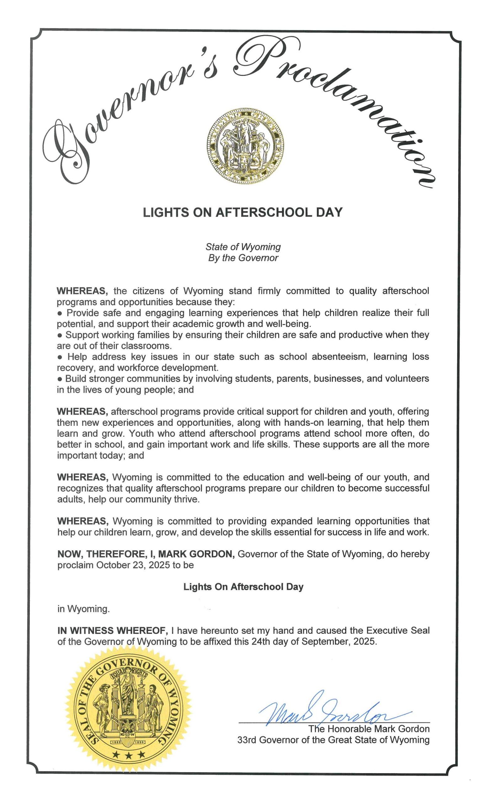 Lights On Afterschool 2025 Gov Gordon Proclamation